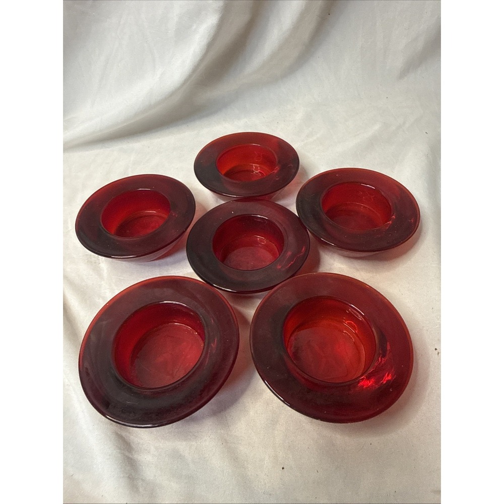 Crate Barrel Ruby Red Glass Tea light Candle Votive Set 6 Christmas Elegant Chic